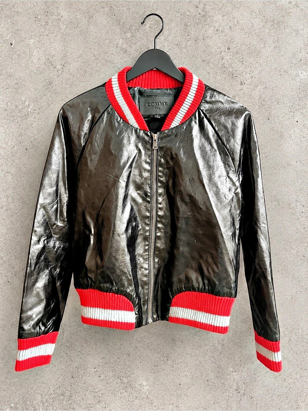 COMME USA Black Faux Leather Bomber Jacket Red Striped Trim Size S